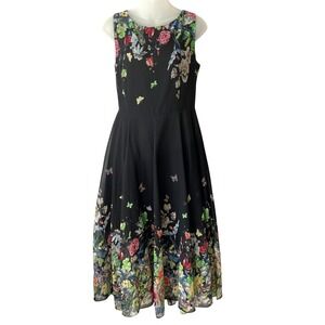 Floryday Whimsigoth Floral Butterfly Midi Dress Women XS Black Sheer Overlay